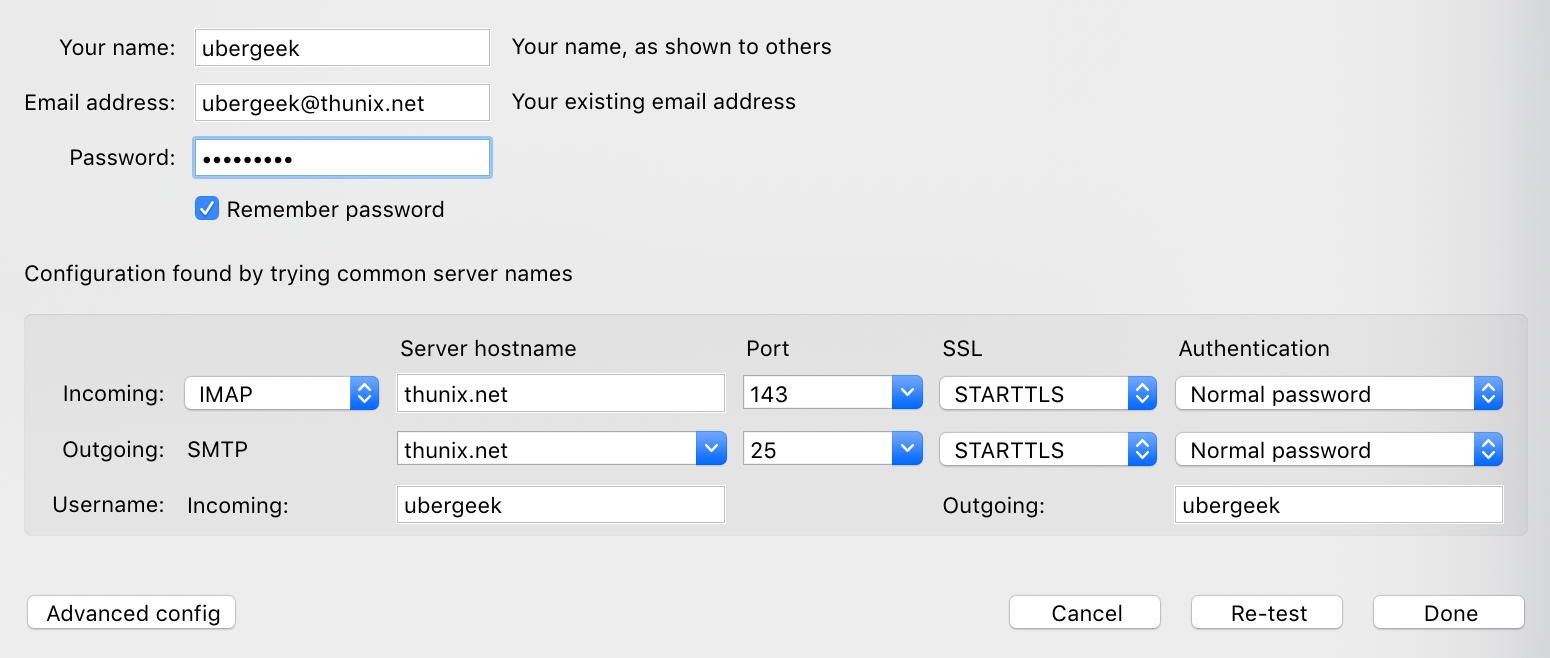 Email settings in a Thunderbird dialog