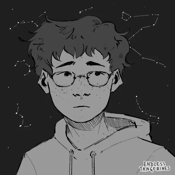 Hand drawn art with a grey background with constelations in the sky. The main subject is a male character with a grey hoodie, fuzzy dark hair with glasses. There is a text on the bottom right that says 'ENDLESS TANGERINES'